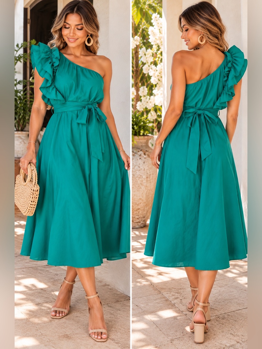 ZESICA Teal One Shoulder Ruffle Midi Dress Size L NWT